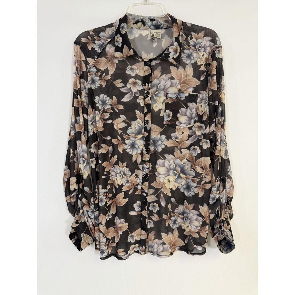 Love Potion Top Dark Floral Sheer Mesh Button Down Blouse Size XL Dark Romantic